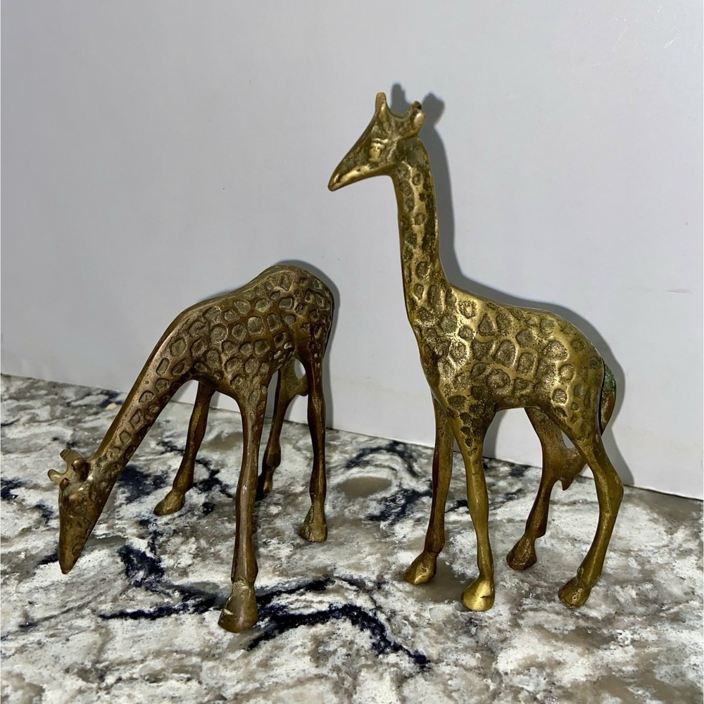 Vintage Solid Brass Giraffe Set Of 2 Figurine Statues African Wildlife